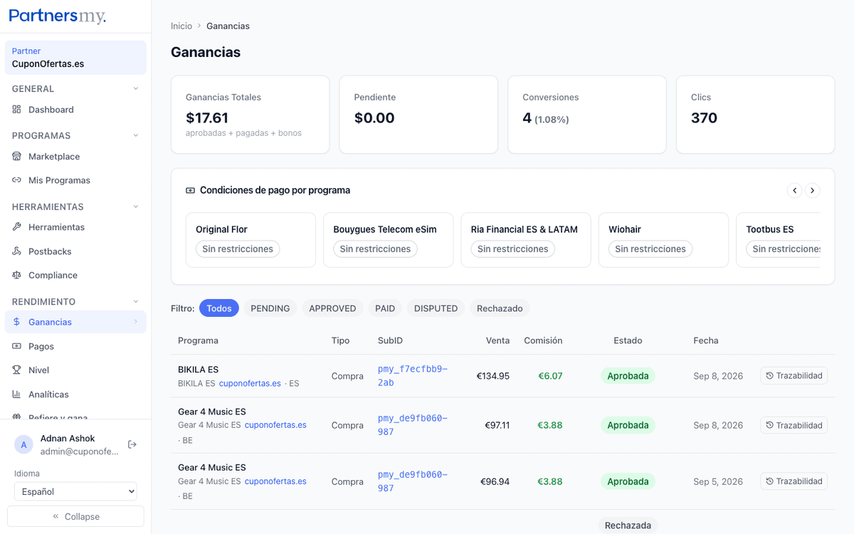 Earnings panel with statuses and traceability